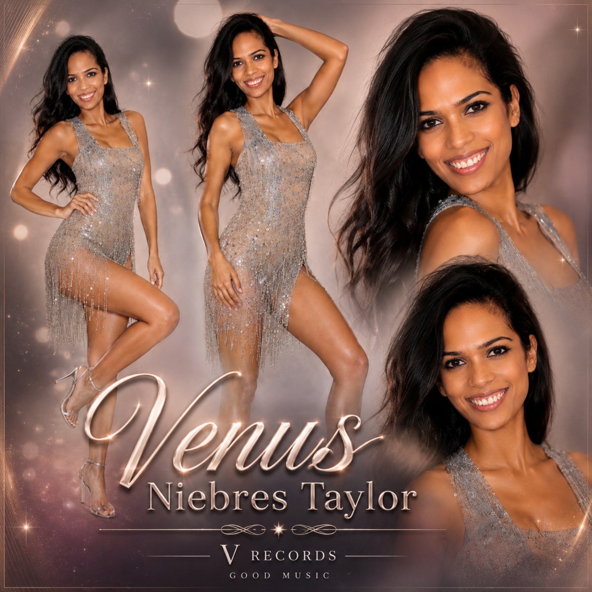 Portrait collage of Venus Niebres Taylor with V Records branding